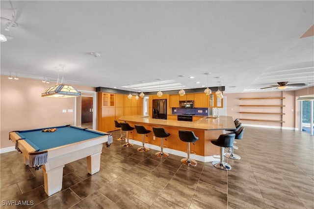 playroom with tile patterned floors, billiards, a sink, baseboards, and ceiling fan