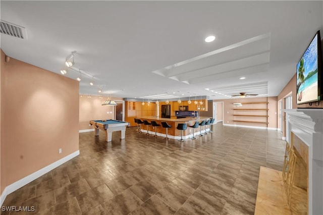 rec room featuring baseboards, visible vents, recessed lighting, a fireplace, and pool table