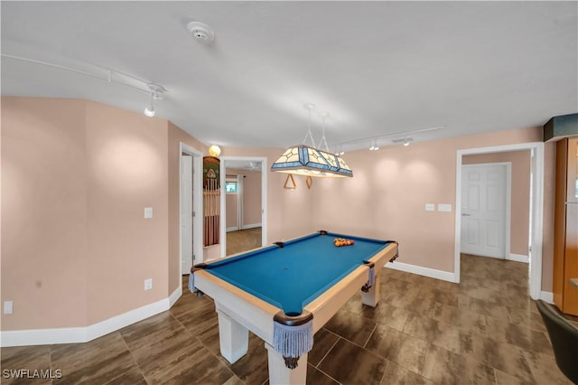 playroom featuring baseboards, track lighting, and pool table