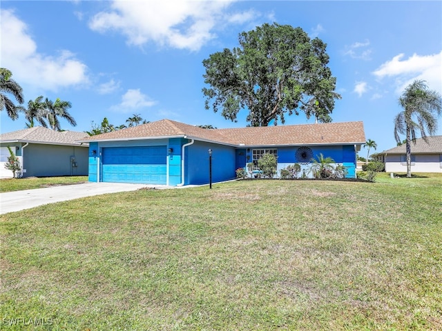 ranch-style house with stucco siding, a front lawn, concrete driveway, and an attached garage