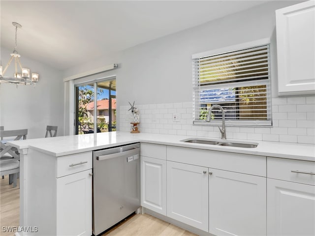 kitchen with backsplash, dishwasher, a peninsula, white cabinets, and a sink