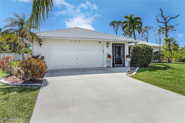 ranch-style house featuring stucco siding, driveway, a front yard, a shingled roof, and a garage