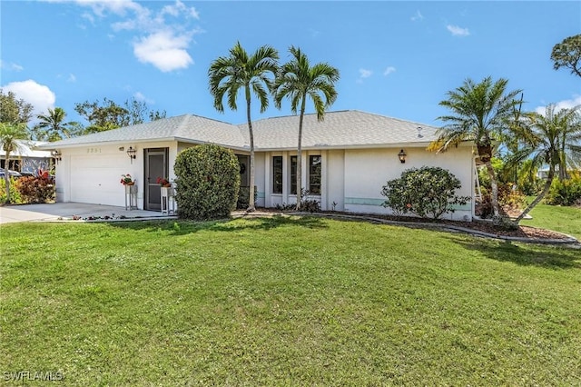 ranch-style home featuring stucco siding, a front lawn, concrete driveway, and an attached garage