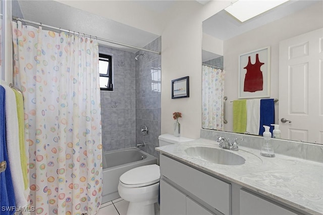 bathroom with vanity, toilet, shower / bathtub combination with curtain, and tile patterned flooring