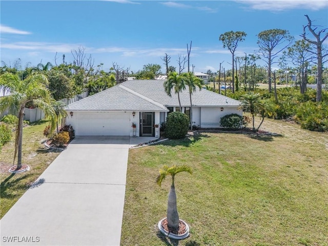 ranch-style home featuring a front lawn, a garage, driveway, and roof with shingles