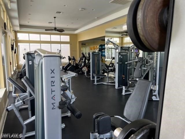 exercise room featuring visible vents and ceiling fan