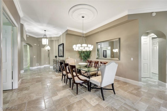 9293 Menaggio Ct Unit 102, Naples, FL 34114 - dining space with arched walkways, ornamental molding, baseboards, and stone tile flooring