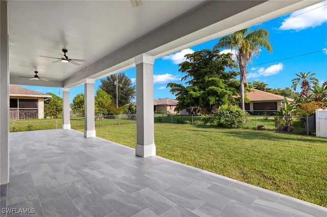 view of patio featuring a ceiling fan and a fenced backyard