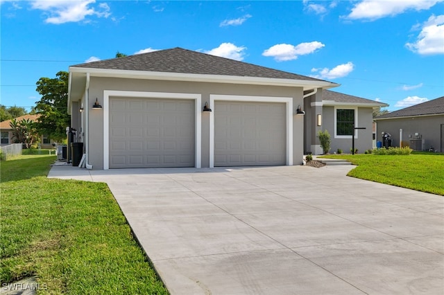 ranch-style house featuring stucco siding, driveway, cooling unit, and a front yard