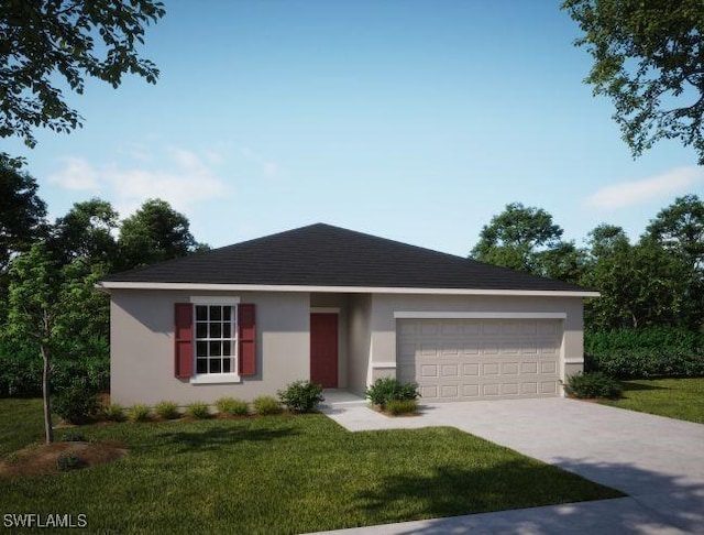 ranch-style house with concrete driveway, an attached garage, a front yard, and stucco siding