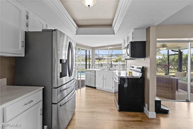 kitchen with a wealth of natural light, white cabinets, stainless steel appliances, and a tray ceiling