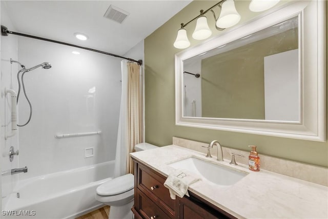 full bathroom with vanity, shower / tub combo, toilet, and visible vents