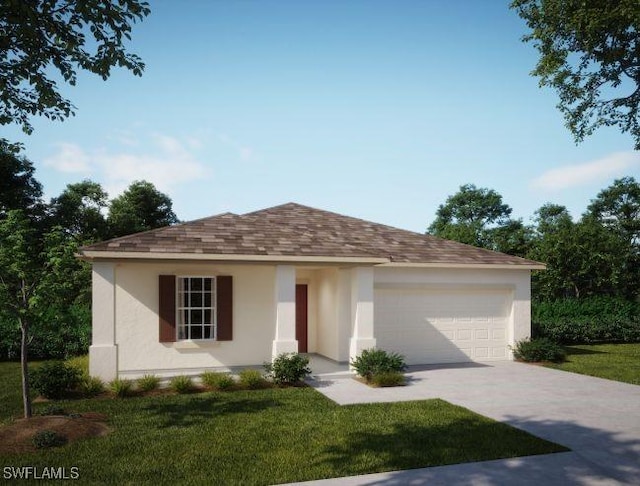 ranch-style house featuring a shingled roof, concrete driveway, a front yard, stucco siding, and a garage