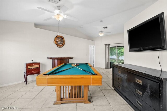 2218 NE 5th Ter, Cape Coral, FL 33909 - recreation room with pool table, vaulted ceiling, light tile patterned flooring, visible vents, and ceiling fan