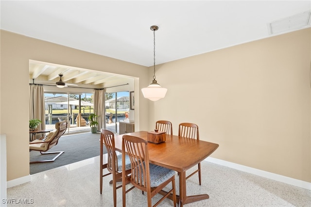 dining area with visible vents, a ceiling fan, speckled floor, and baseboards