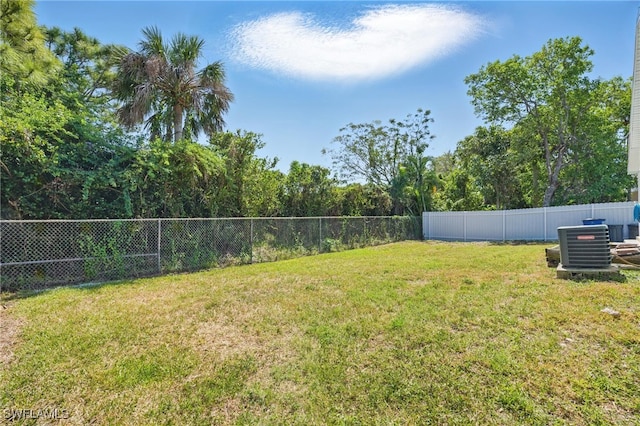 view of yard featuring central AC unit and a fenced backyard