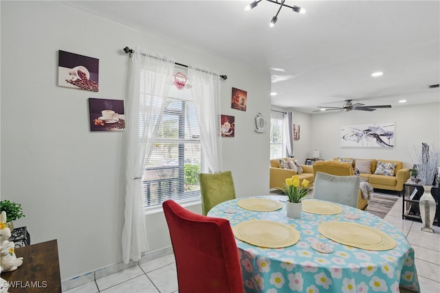 dining room featuring light tile patterned floors, visible vents, recessed lighting, and a ceiling fan