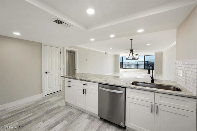 kitchen with dishwasher, visible vents, white cabinetry, and a sink