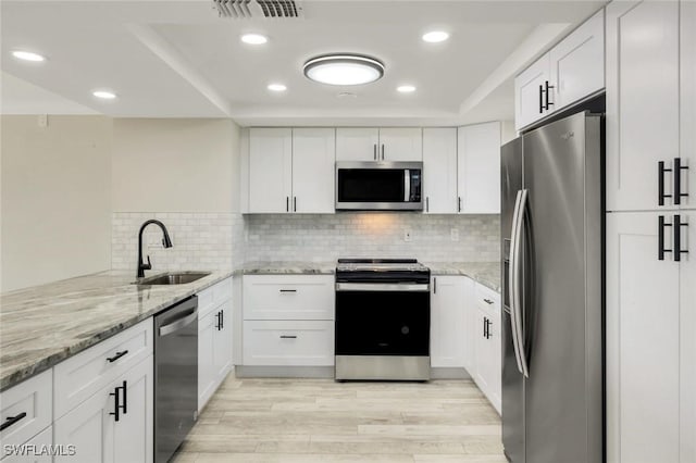 kitchen featuring a sink, white cabinets, light stone counters, and stainless steel appliances