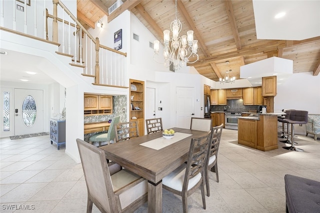 dining room with an inviting chandelier, beamed ceiling, and wooden ceiling