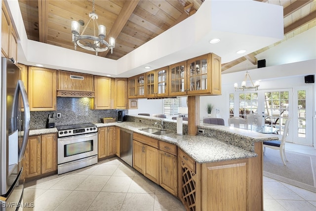 kitchen with an inviting chandelier, backsplash, appliances with stainless steel finishes, and a sink