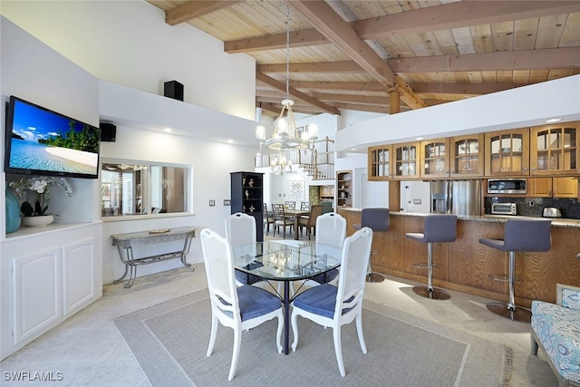 dining area featuring beam ceiling, a notable chandelier, wood ceiling, and high vaulted ceiling