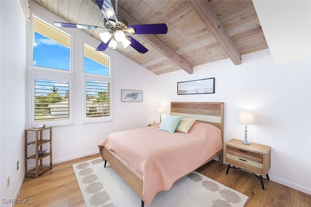 bedroom featuring wooden ceiling, vaulted ceiling with beams, light wood-style floors, and baseboards