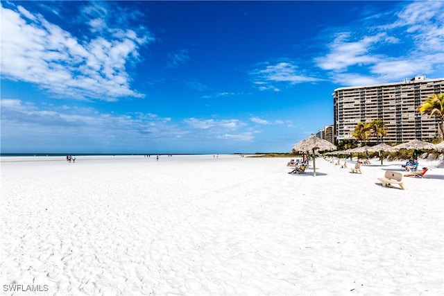 property view of water featuring a beach view