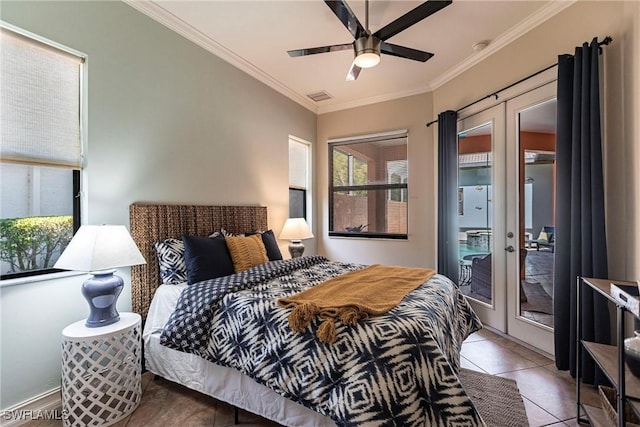 bedroom with access to exterior, ornamental molding, french doors, tile patterned floors, and a ceiling fan