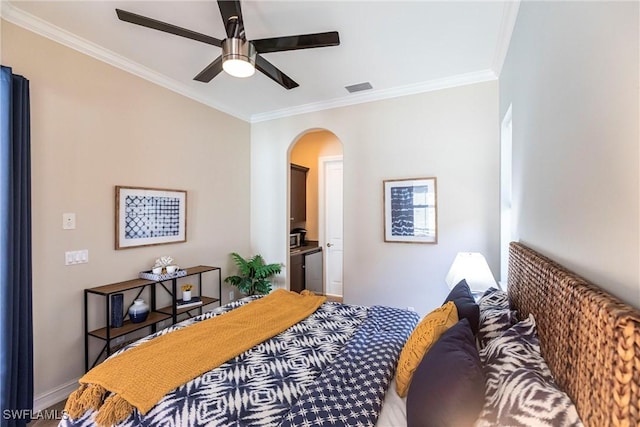 8295 Provencia Ct, Fort Myers, FL 33912 - bedroom featuring arched walkways, crown molding, baseboards, ceiling fan, and ensuite bath