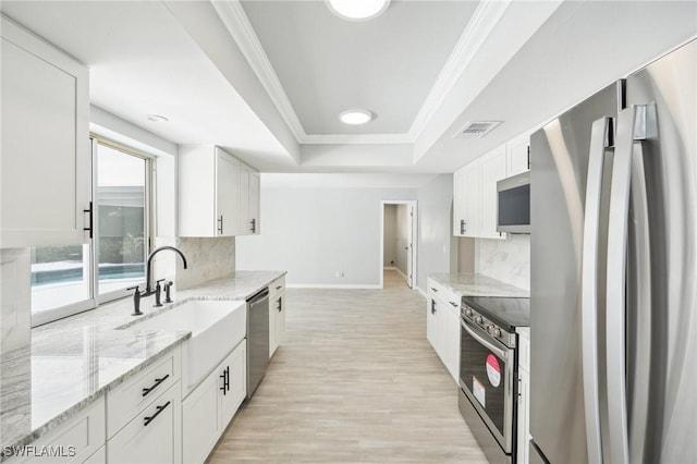 kitchen featuring tasteful backsplash, a tray ceiling, ornamental molding, stainless steel appliances, and a sink