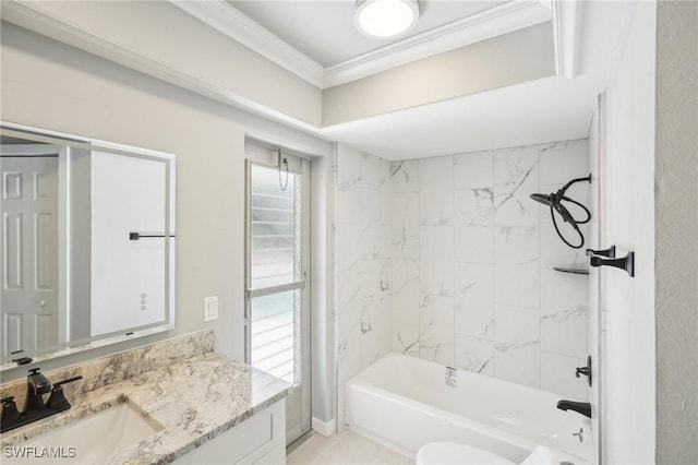 full bath with toilet, vanity, shower / tub combination, and ornamental molding