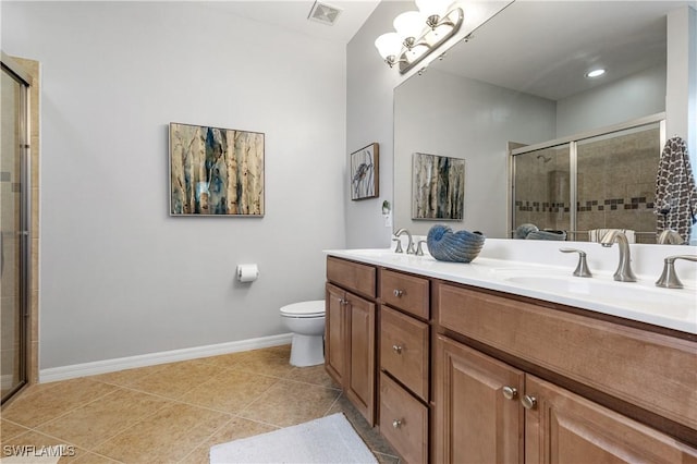 bathroom with tile patterned floors, visible vents, a stall shower, a sink, and double vanity