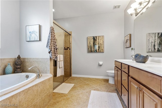 full bath with visible vents, a shower stall, toilet, double vanity, and a bath