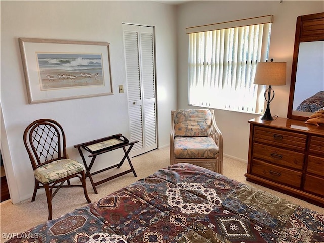 carpeted bedroom with a closet and baseboards