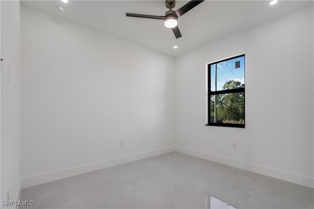 unfurnished room with recessed lighting, a ceiling fan, and baseboards