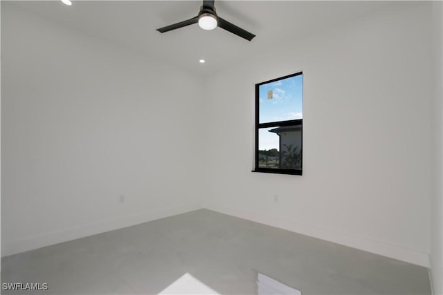 spare room with recessed lighting, baseboards, and ceiling fan