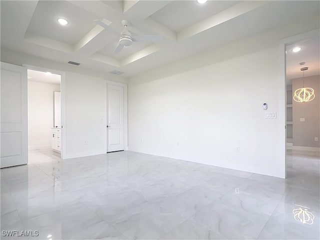 650 Kraft St, Lehigh Acres, FL 33974 - empty room with ceiling fan, recessed lighting, coffered ceiling, beam ceiling, and light marble finish flooring
