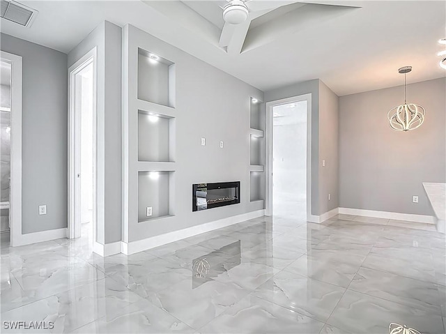 650 Kraft St, Lehigh Acres, FL 33974 - unfurnished living room featuring built in shelves, light marble finish floors, baseboards, a glass covered fireplace, and a chandelier