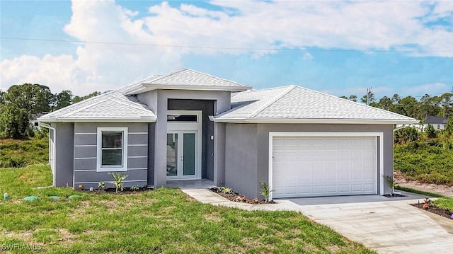 650 Kraft St, Lehigh Acres, FL 33974 - view of front of home with stucco siding, roof with shingles, an attached garage, driveway, and a front lawn