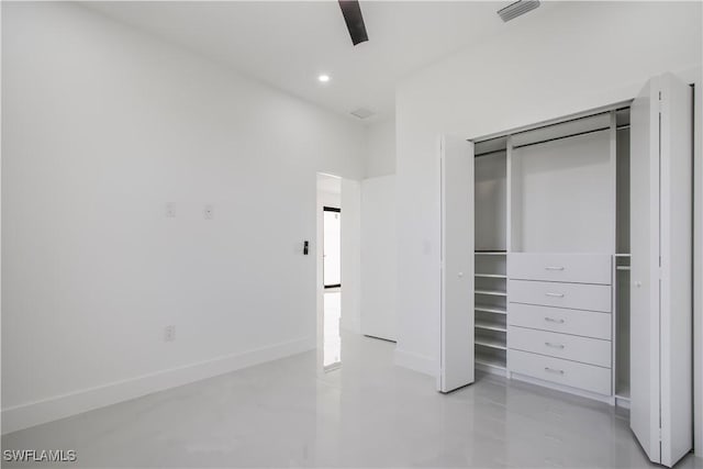 unfurnished bedroom with visible vents, baseboards, recessed lighting, a closet, and a ceiling fan