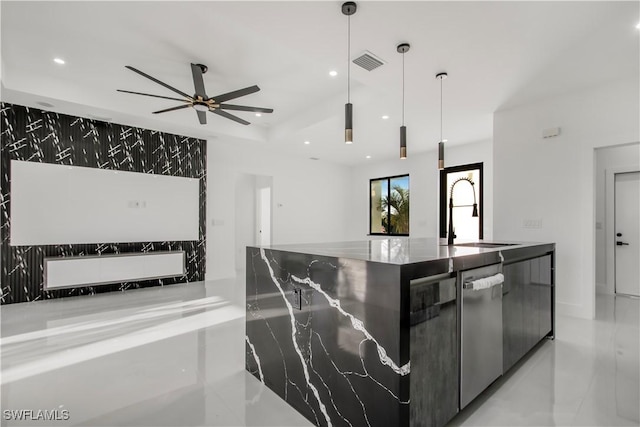 kitchen featuring visible vents, dishwasher, recessed lighting, a ceiling fan, and a sink