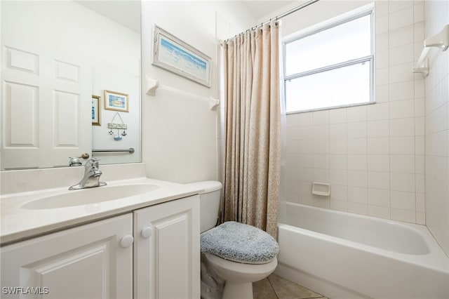 bathroom with tile patterned flooring, toilet, vanity, and shower / bath combo