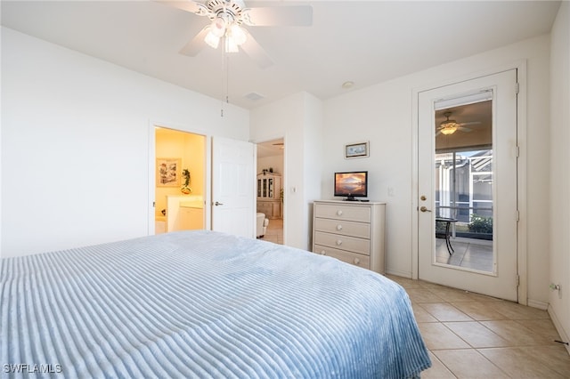 bedroom with light tile patterned flooring, a ceiling fan, and access to outside