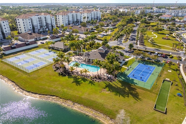 bird's eye view with a water view