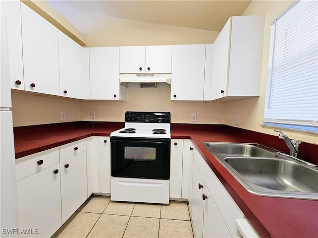 kitchen with dark countertops, under cabinet range hood, electric range, white cabinets, and a sink