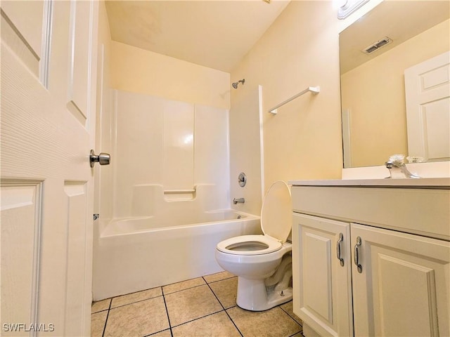 bathroom with tile patterned flooring, visible vents, toilet, shower / tub combination, and vanity