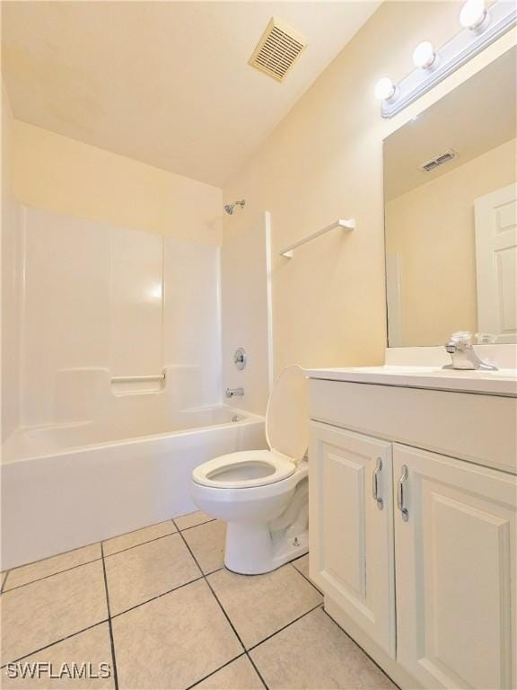 bathroom featuring visible vents, shower / washtub combination, toilet, tile patterned floors, and vanity