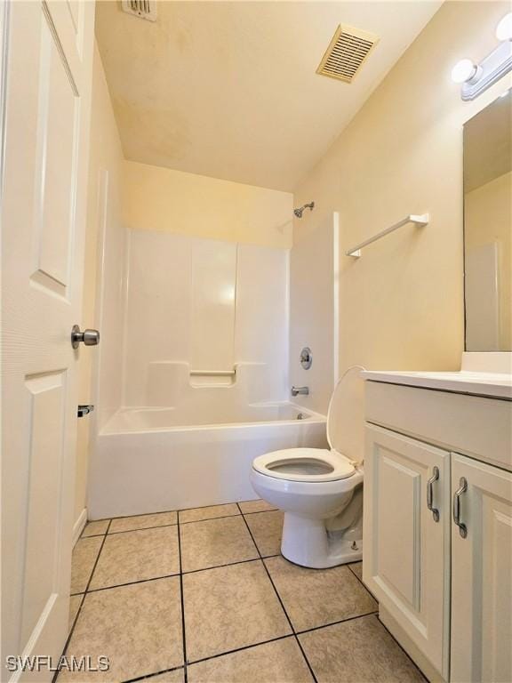 full bath featuring tile patterned floors, visible vents, toilet, shower / bath combination, and vanity