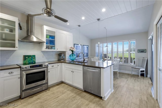 kitchen with wall chimney exhaust hood, a peninsula, a sink, ceiling fan, and appliances with stainless steel finishes
